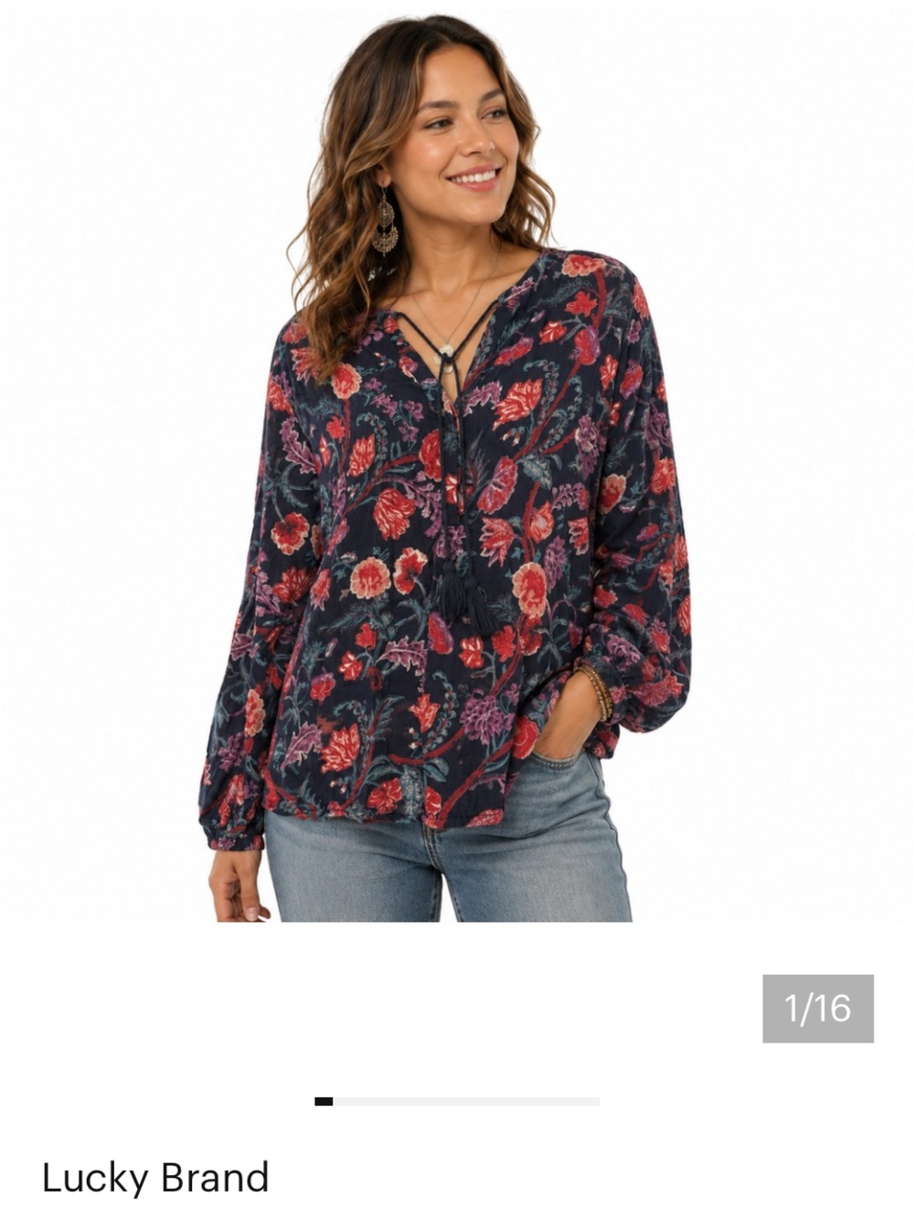 Lucky Brand Navy Floral Tie-Front Blouse